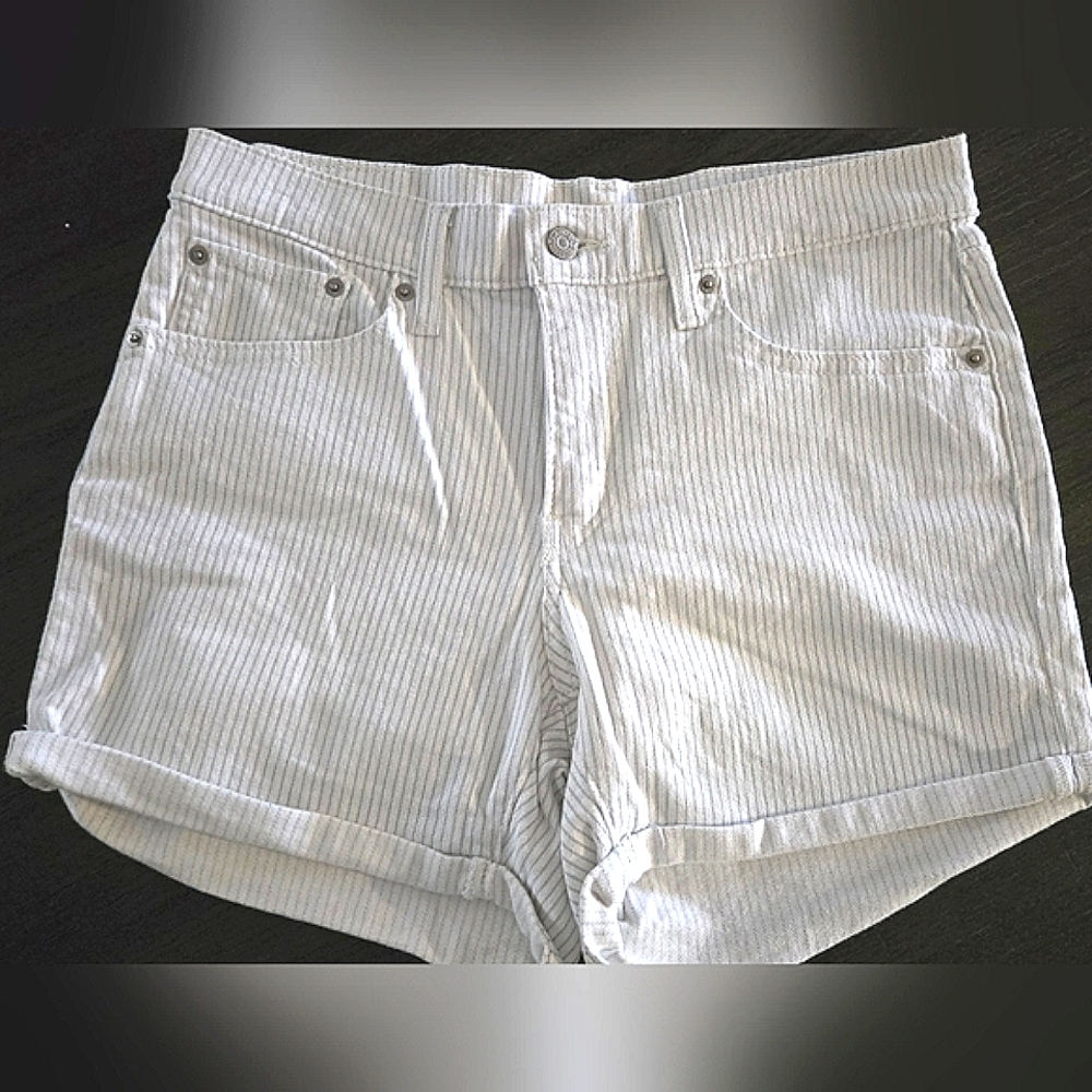 Levi's White & Light Blue/grey Stripped Jean Shorts with Cuffed Hem